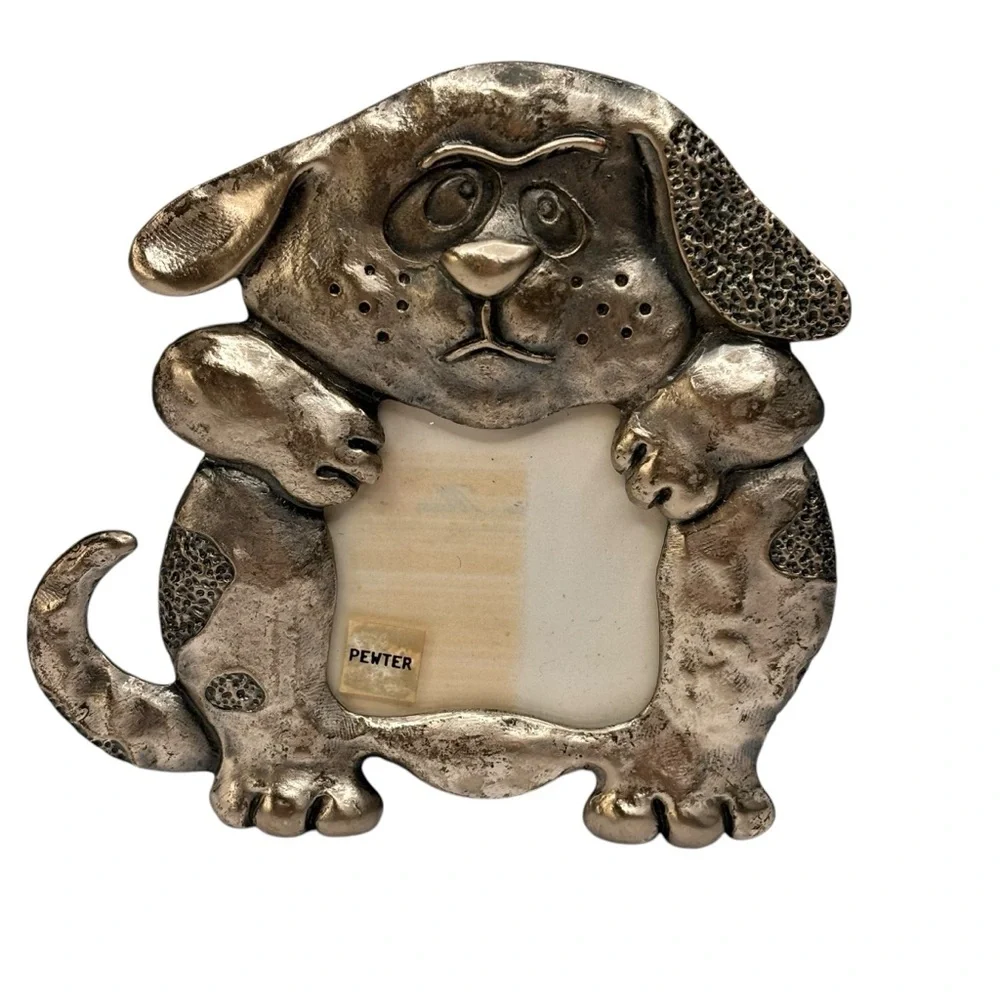 New Genuine Pewter Dog-Shaped Picture Frame Glass Front 4”X4” Decorative Piece